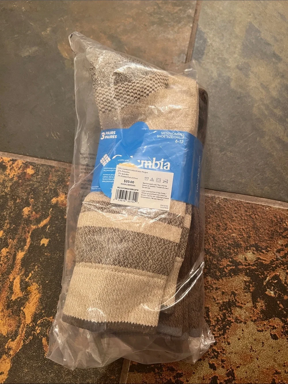 Columbia Men’s Crew Socks - Beige and Brown Stripes (3-Pack)